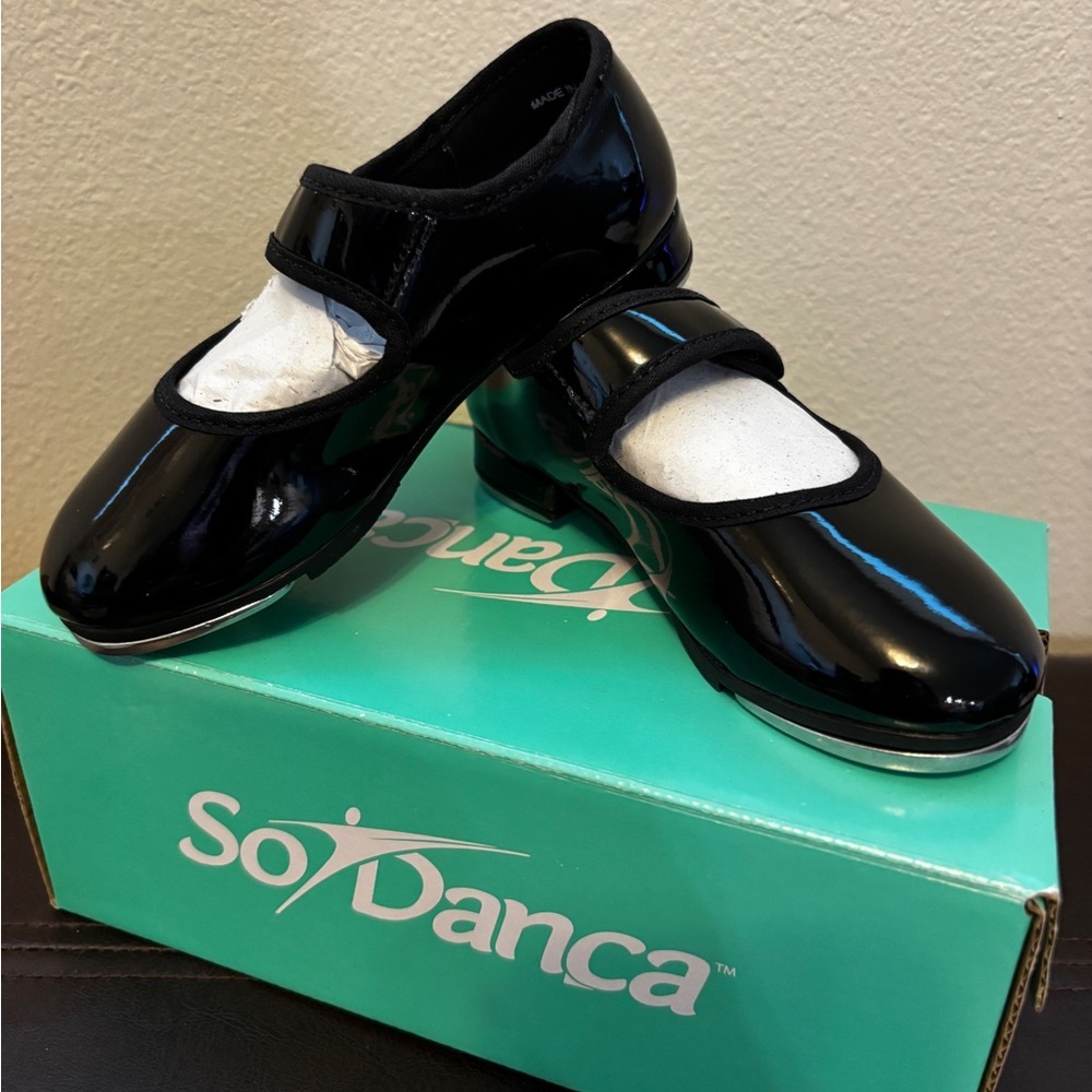 Toddler Tap Shoes, Black Patent Leather Velcro Tap Dance Shoes, Size 7.5 Wide